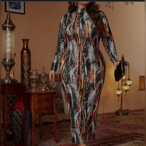 SHEIN Vibrant Long Sleeve Dress - Orange, Black, White